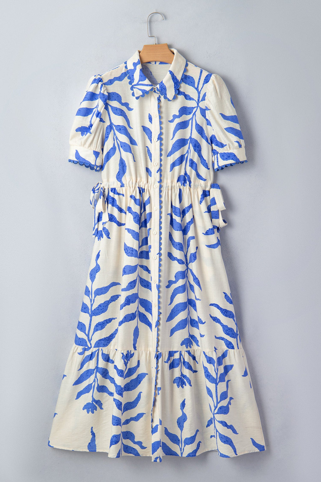 Sky Blue Leafy Botanical Print Side Tie Button Down Maxi Dress