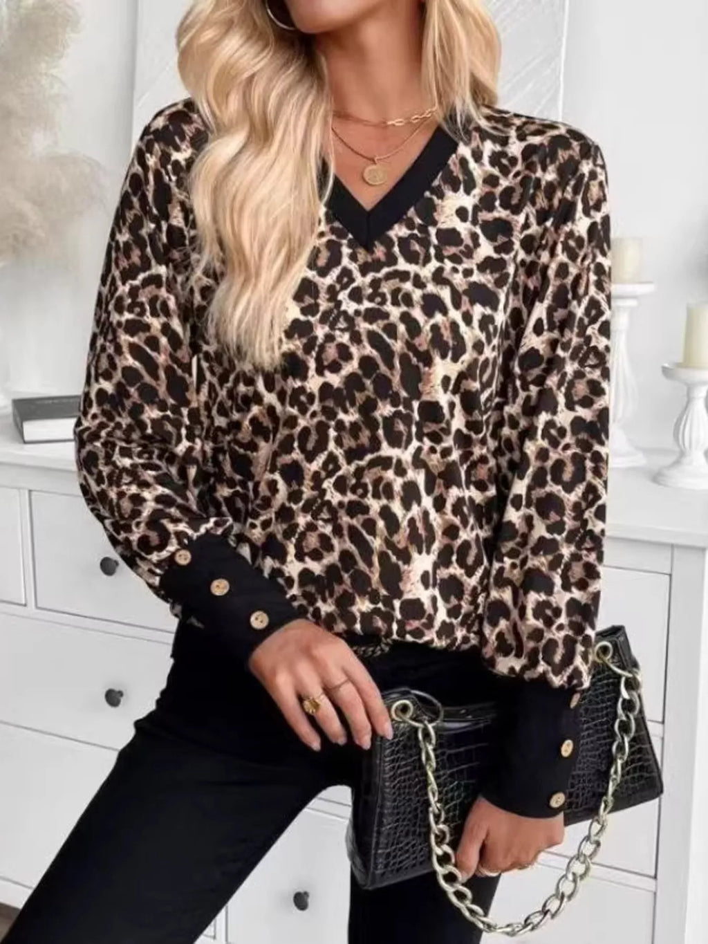 Printed V-Neck Long Sleeve T-Shirt with Button Cuffs