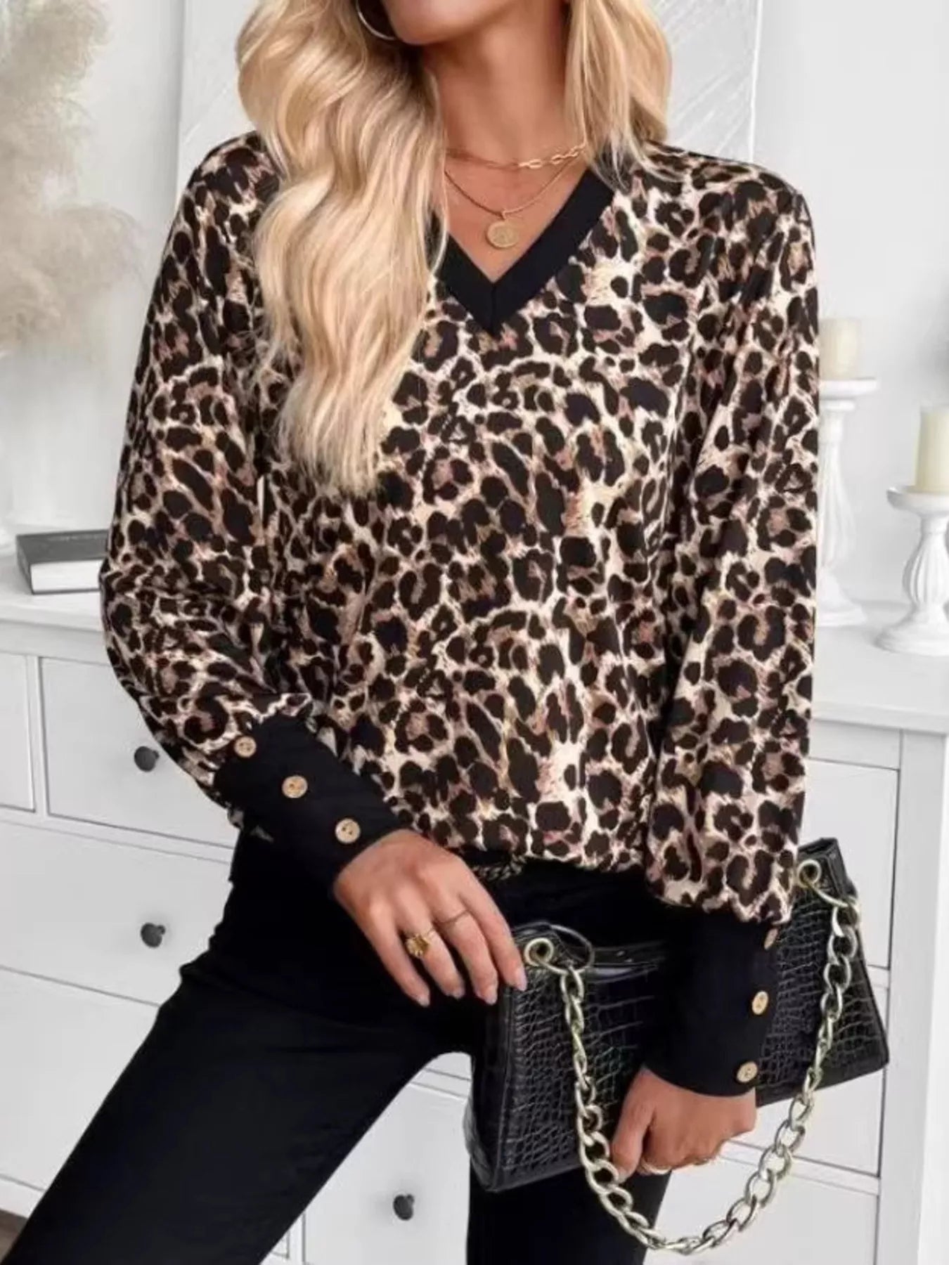 Printed V-Neck Long Sleeve T-Shirt with Button Cuffs