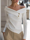 Elegant Off-the-Shoulder Blouse with Decorative Buttons