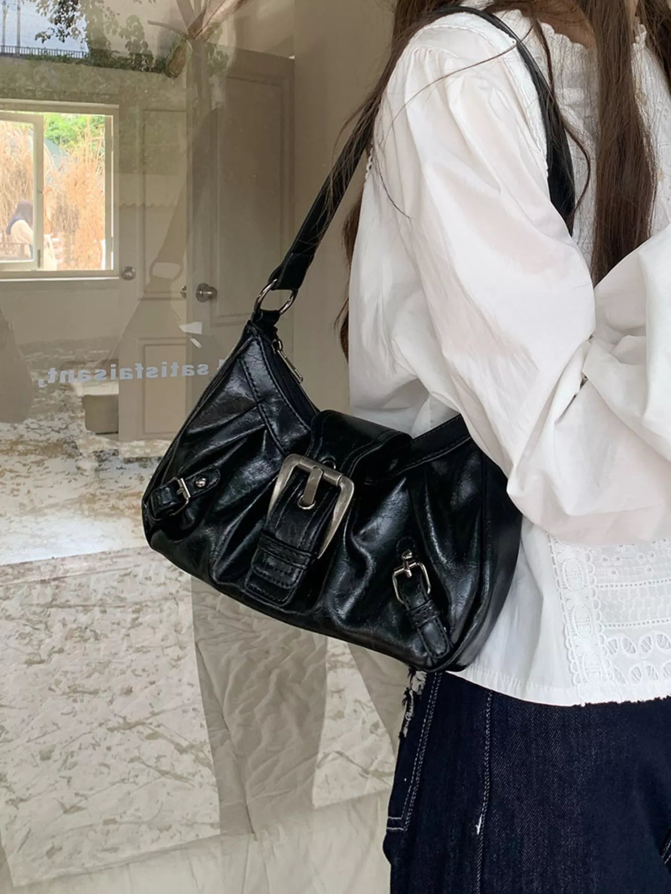 Buckle Decor Ruched Shoulder Bag