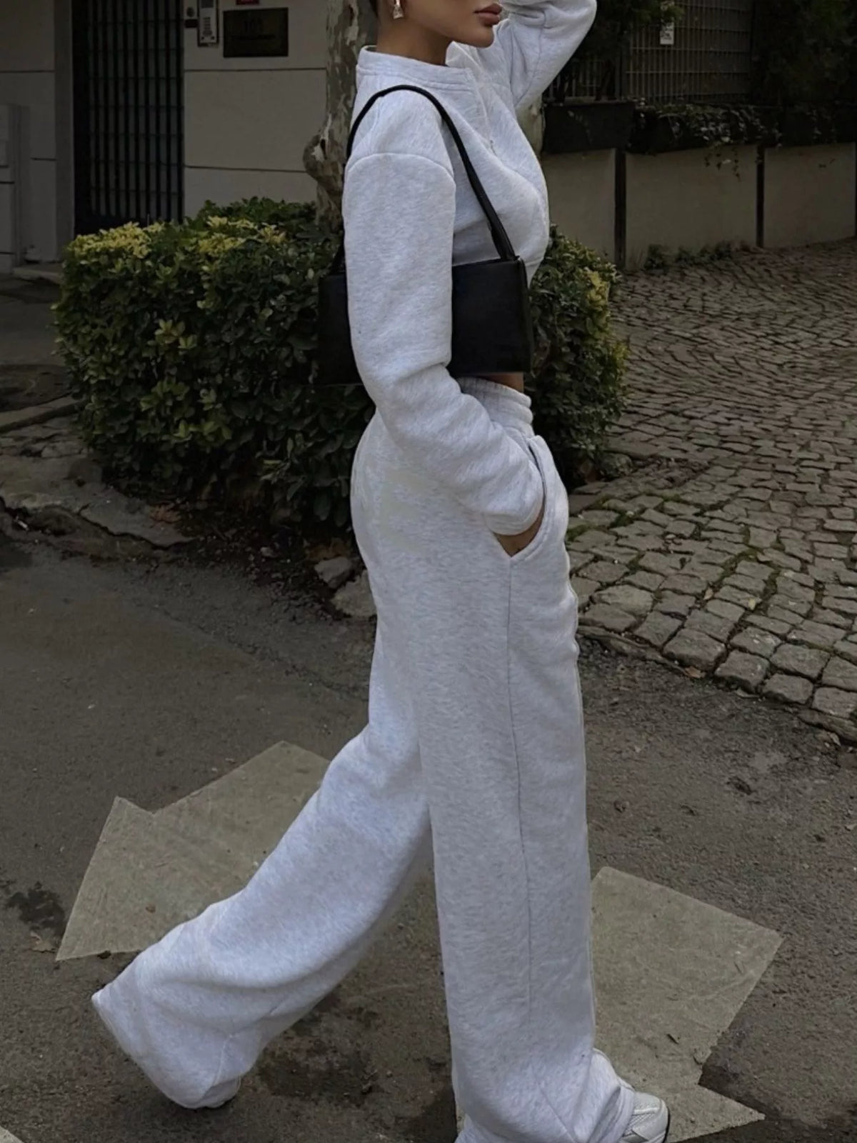 Zip-Up Crop Jacket and Wide-Leg Pants Set