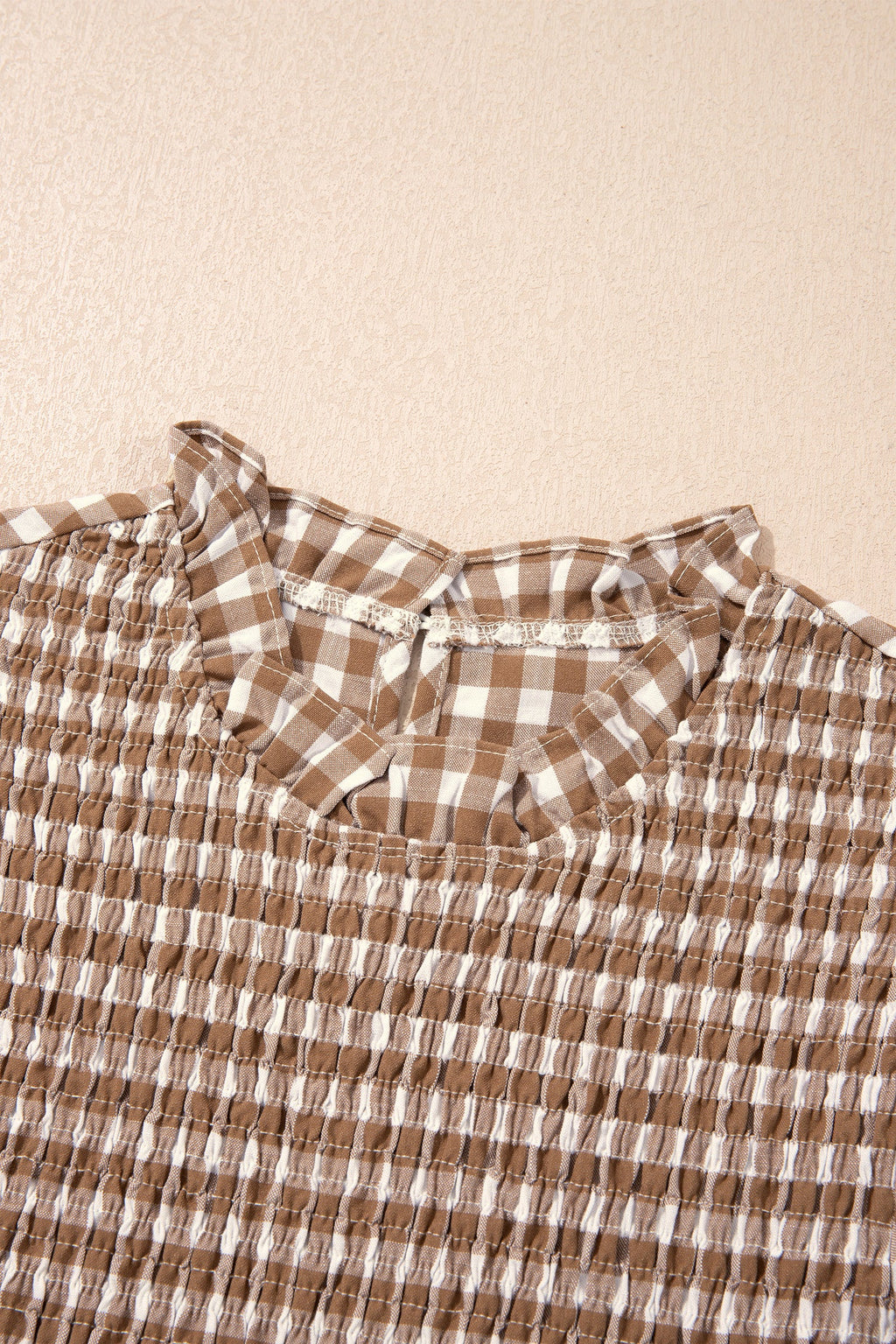 Brown 3/4 Sleeve Shirred Plaid Peplum Top