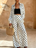 Full Size Polka Dot Shirt and Wide-Leg Pants Set Plus Size