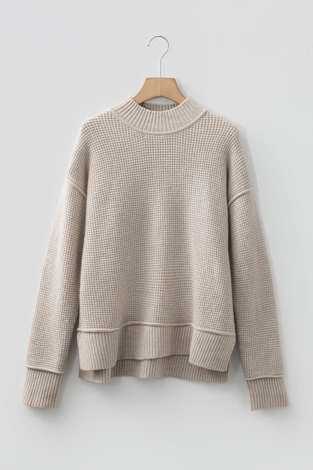 Waffle Knit Ribbed High Neck Drop Shoulder Sweater