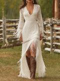 Lace Fringe V-Neck Maxi Dress