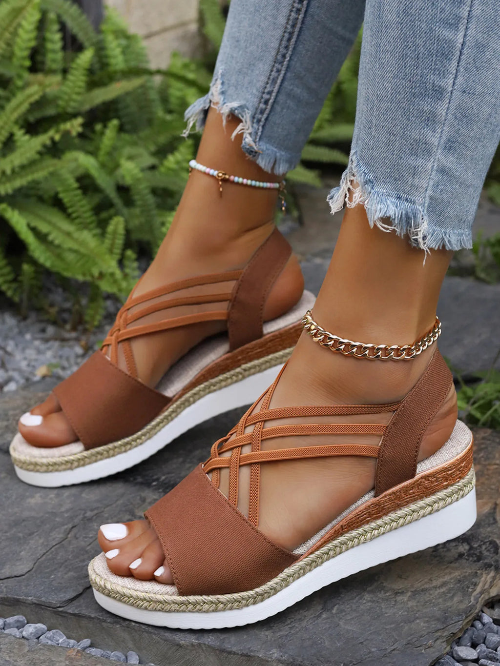 Cross-Strap Platform Wedge Sandals with Ankle Strap