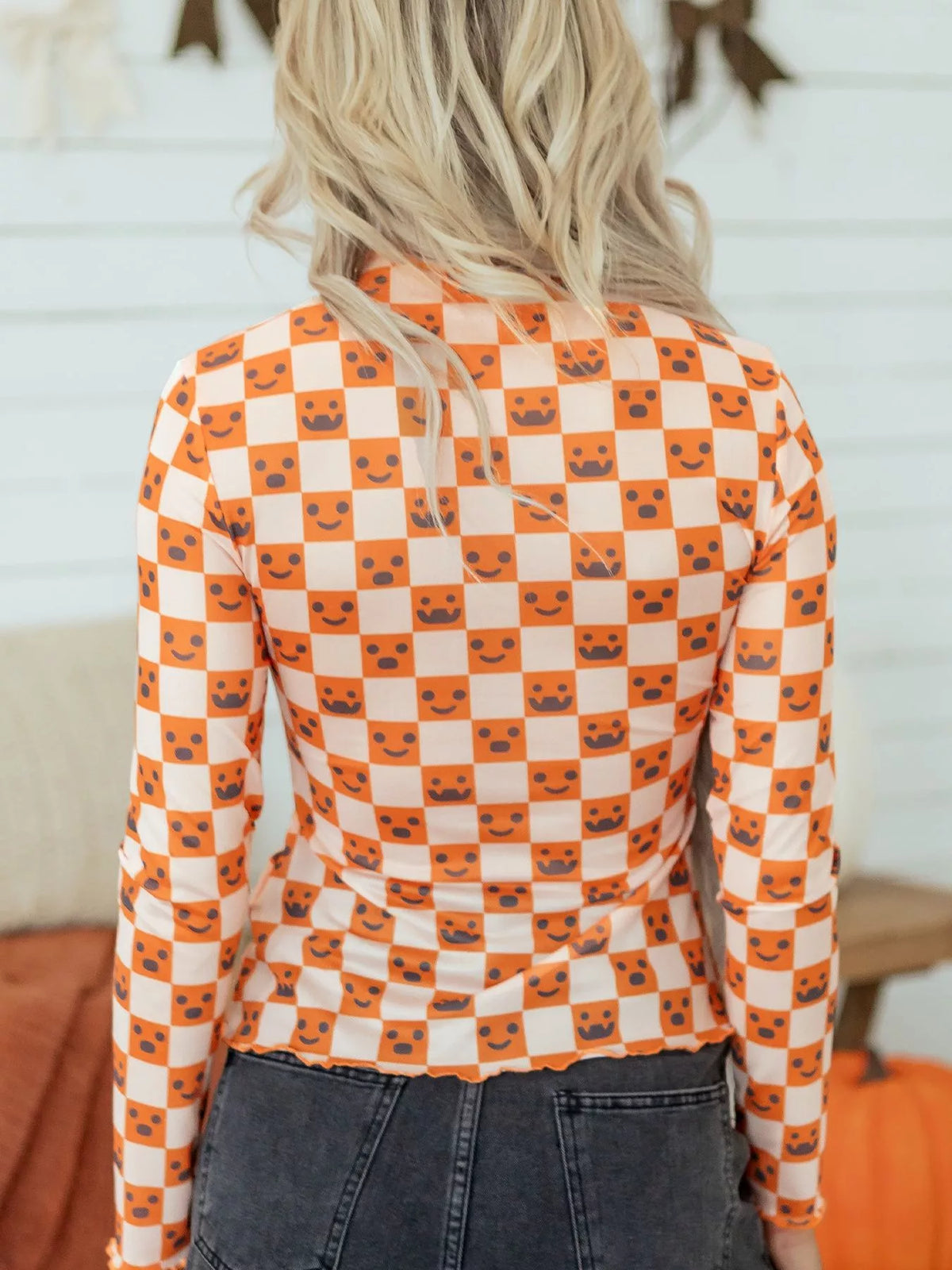 Abstract Halloween Pattern Long Sleeve Mock Neck Blouse