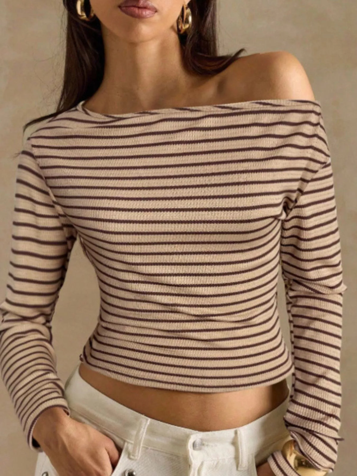 Off-Shoulder Striped Ribbed Long Sleeve T-Shirt