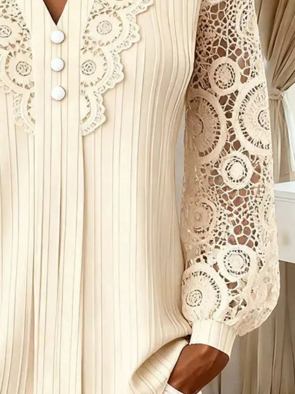 Lace Long Sleeve Notched Blouse