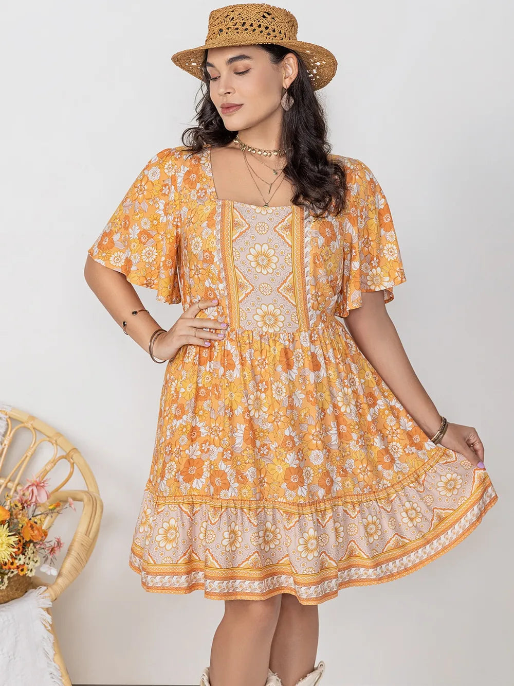 Printed Square Neck Short Sleeve Dress