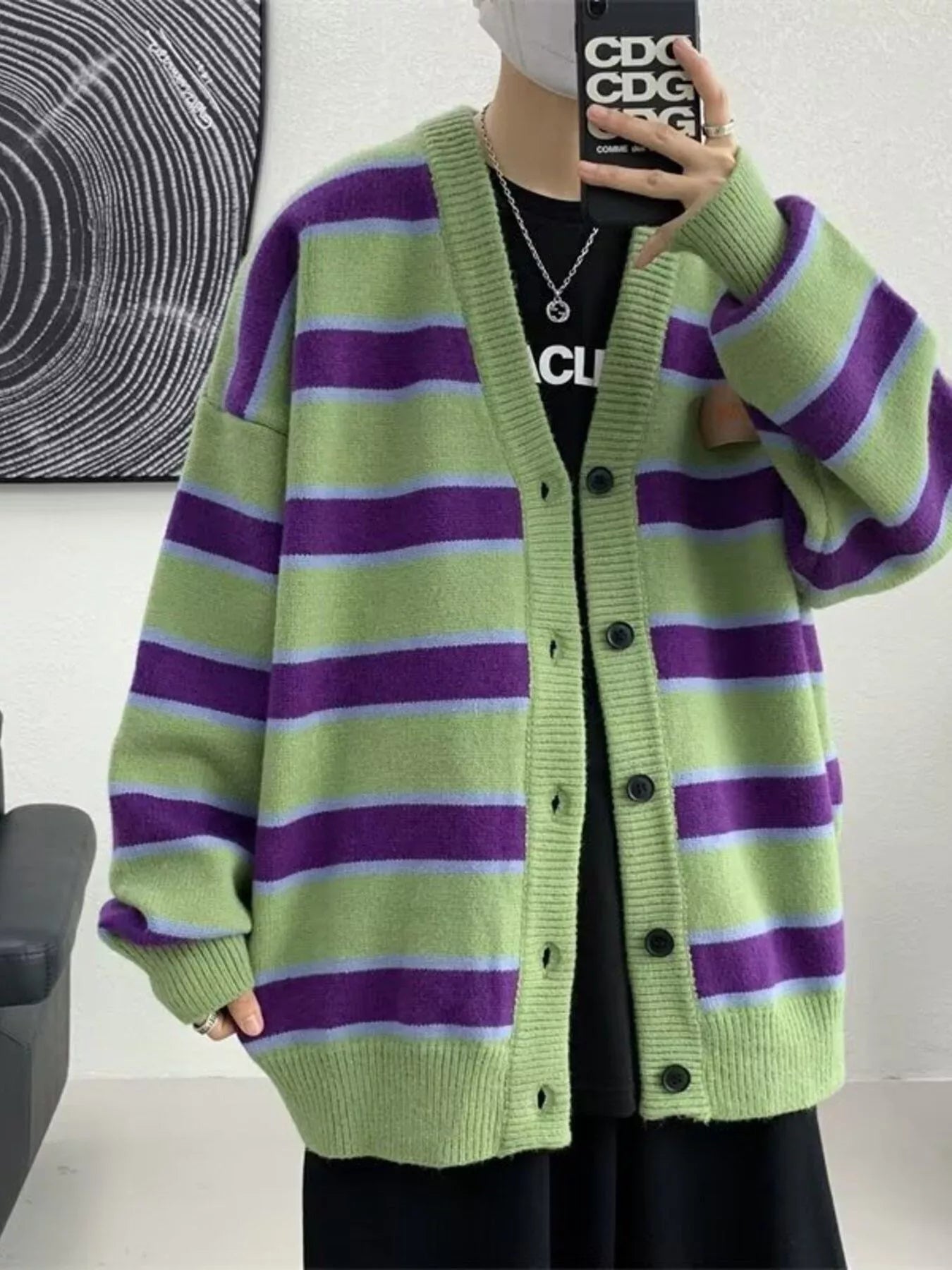 Men's Striped V-Neck Knitted Cardigan