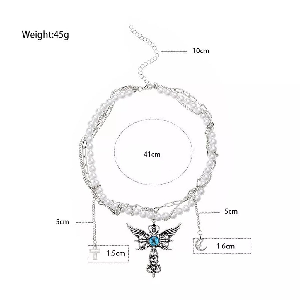 Gothic Pearl Double Layered Necklace with Wing Pendant