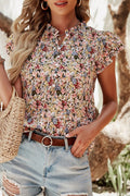 Red Boho Floral Frilled Button Neck Ruffle Short Sleeve Blouse