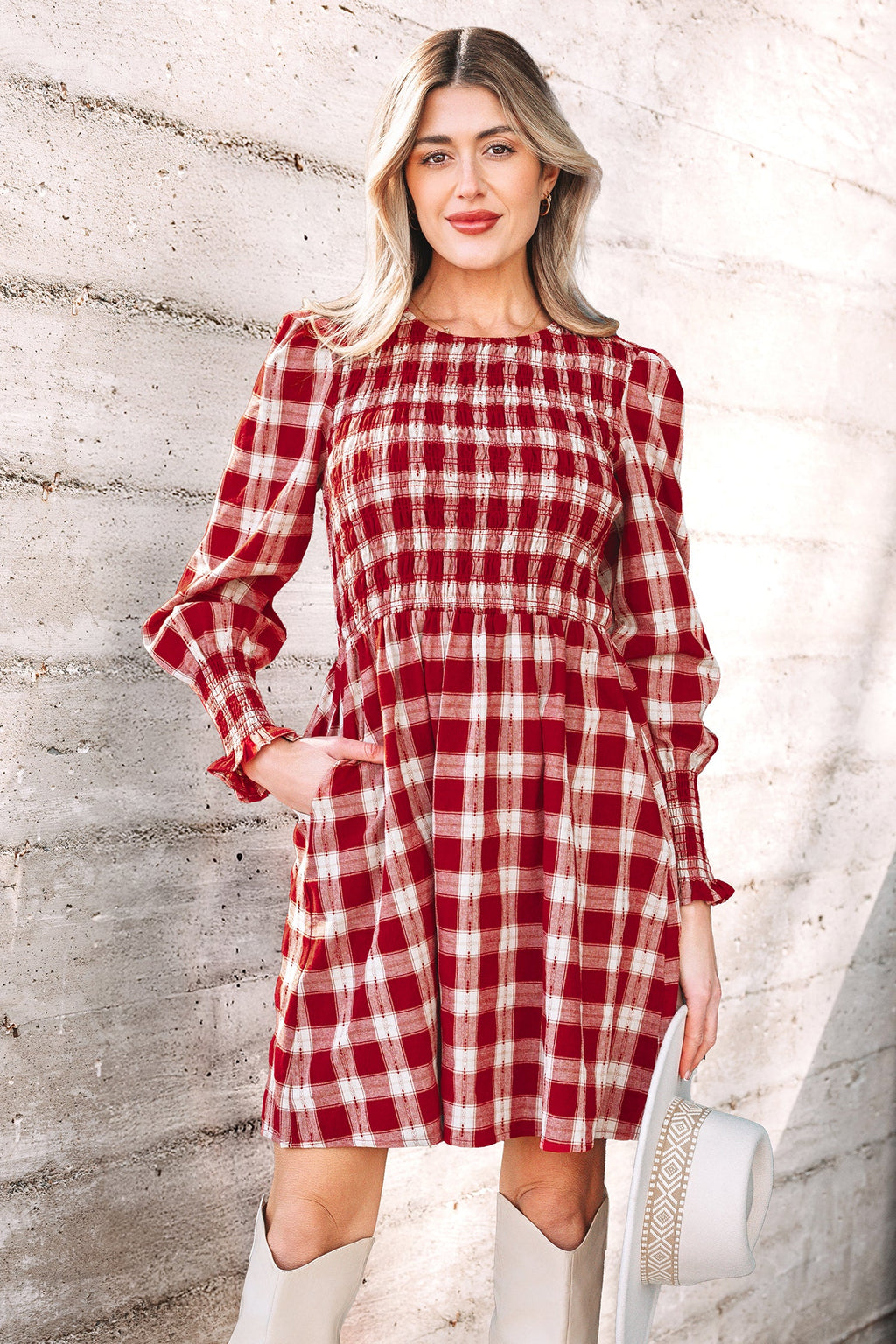 Red Plaid Print Smocked Puff Sleeve Mini Dress