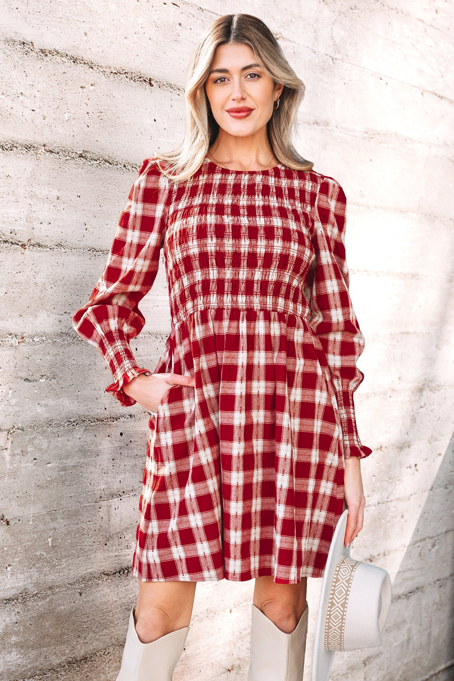 Red Plaid Print Smocked Puff Sleeve Mini Dress
