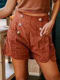 Button Decor Scalloped Edge High Waist Corduroy Shorts