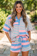 Pink Stripe Exposed Seam Mixed Patchwork Loose Short Set
