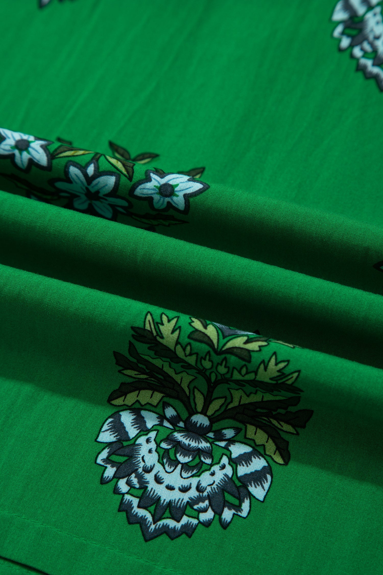 Green Floral Print Split Neck Shirred High Waist Ruffle Hem Maxi Dress