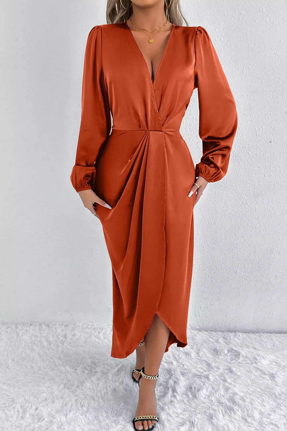 Satin Balloon Sleeve Midi Dress
