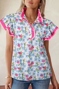 Rose Floral Print Color Block Striped Trim Flutter Sleeve Half Button Blouse