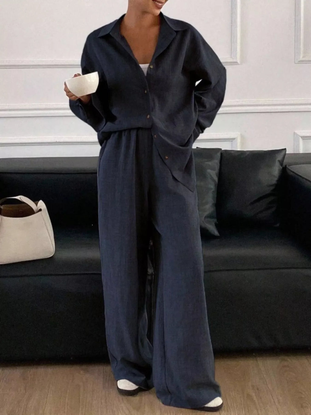 Button-Down Shirt and Wide-Leg Pants Set