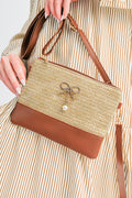 Beige Bow Pearl Decor Straw PU Leather Patched Crossbody Bag