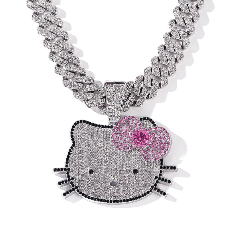 3D Animal Cat Pendant Zinc Alloy Full Diamond Enamel Hip-Hop Style Cuban Chain Necklace Lion Necklace