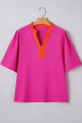 Rose Red Contrast V Neck Colorblock Wide Short Sleeve Top