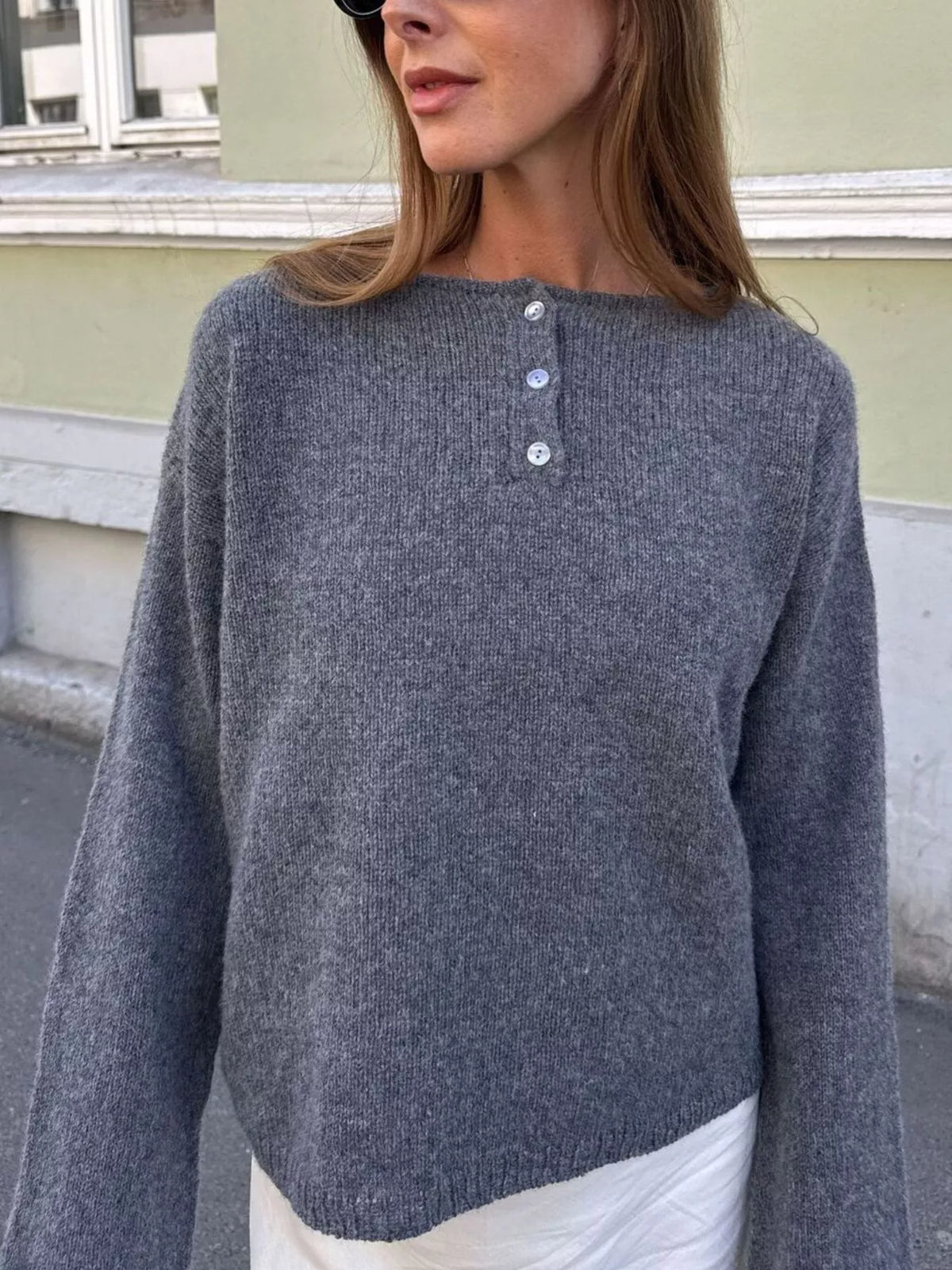 Button-Placket Round Neck Drop Shoulder Knit Top