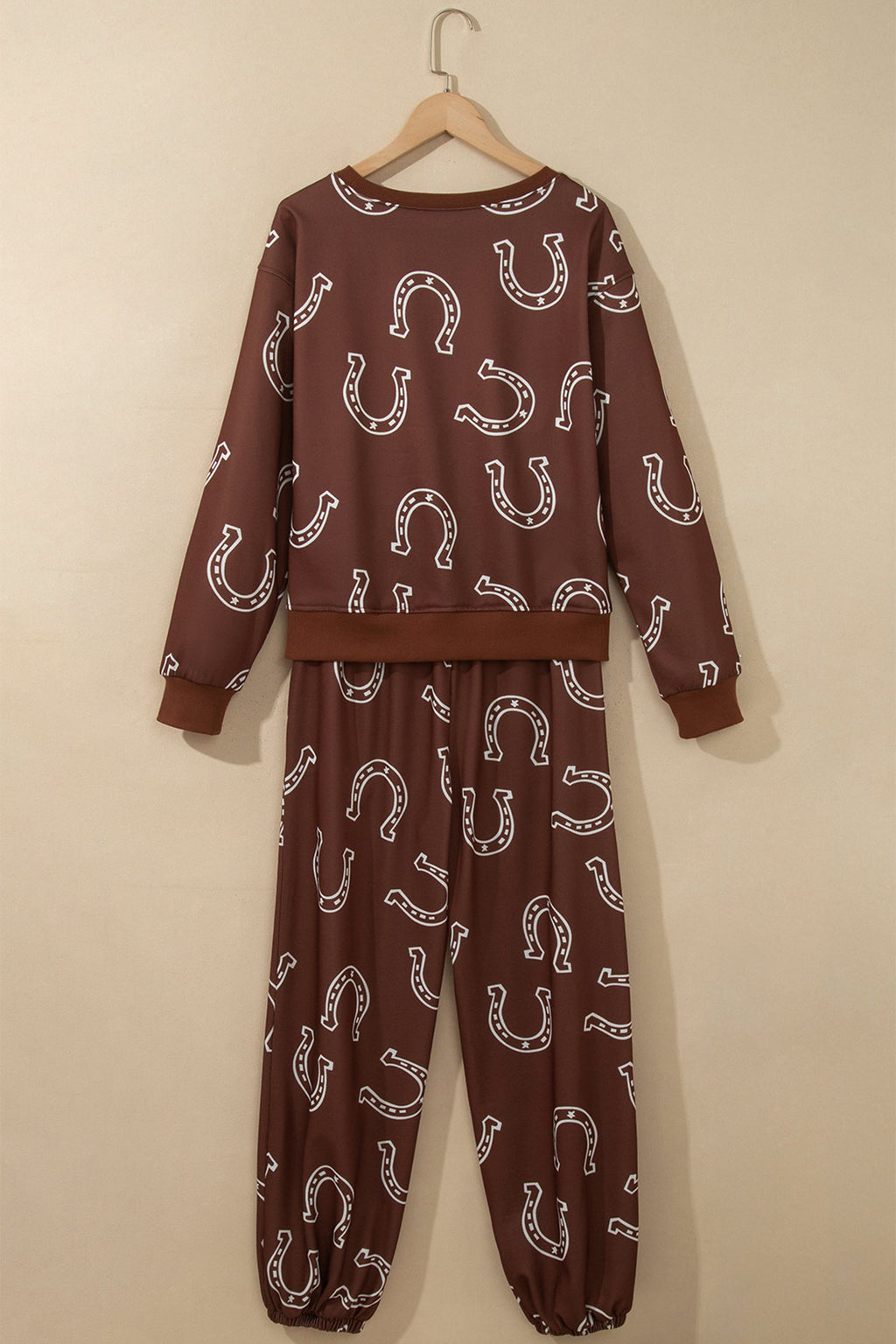 Brown Western Print Elastic Waist Pocket 2pcs Pant Set