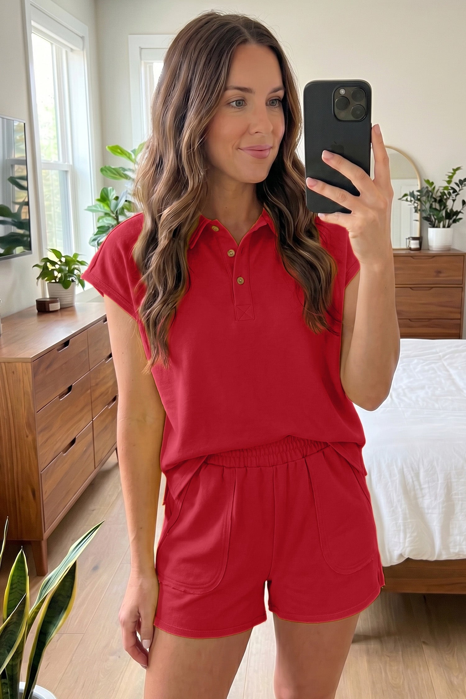 Racing Red Loose Polo Tee Elastic Waist 2pcs Short Set