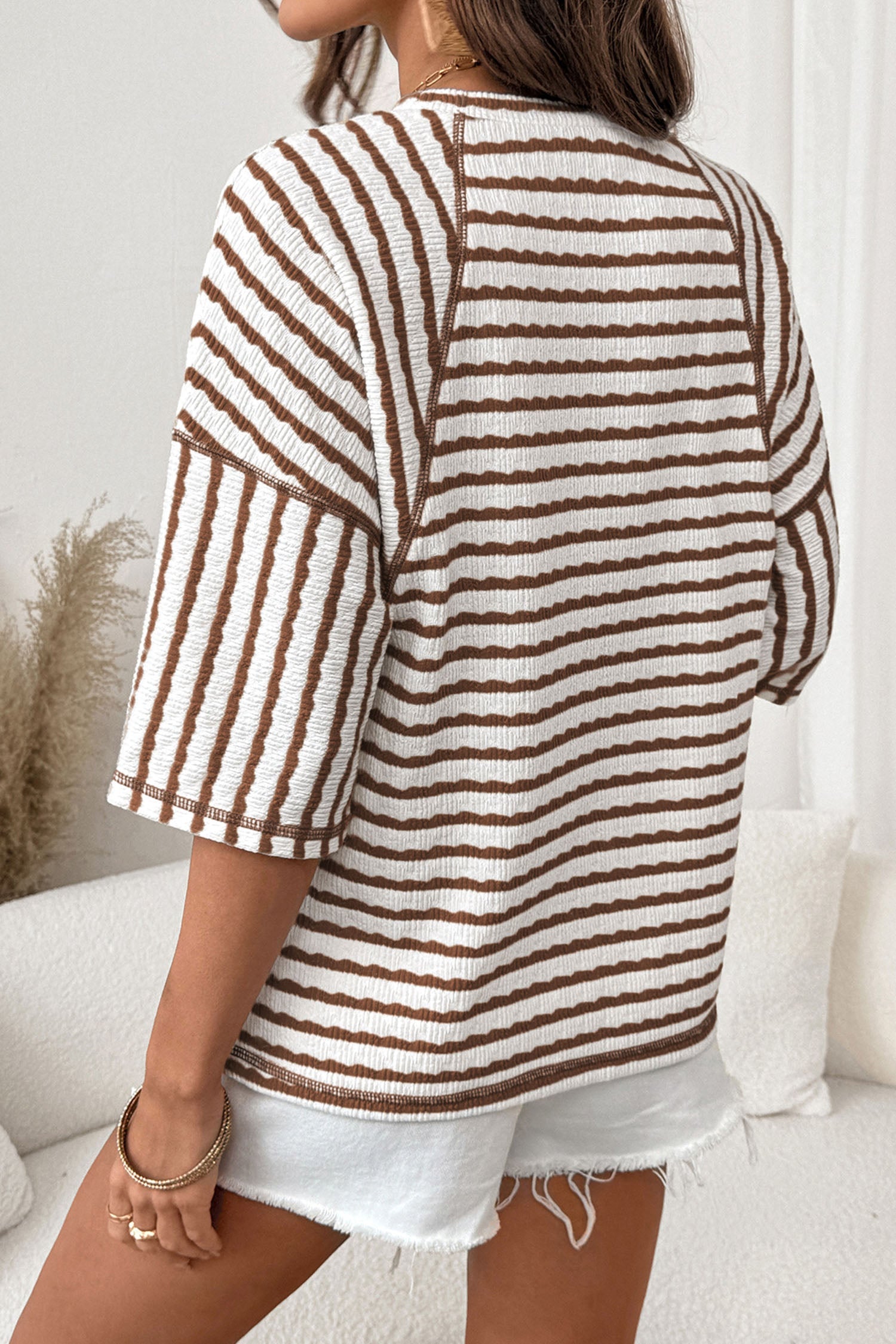 Brown Stripe Textured Knit Split Hem Half Sleeve Loose Top