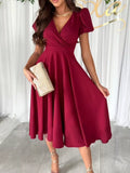Surplice Puff Sleeve Midi Dress