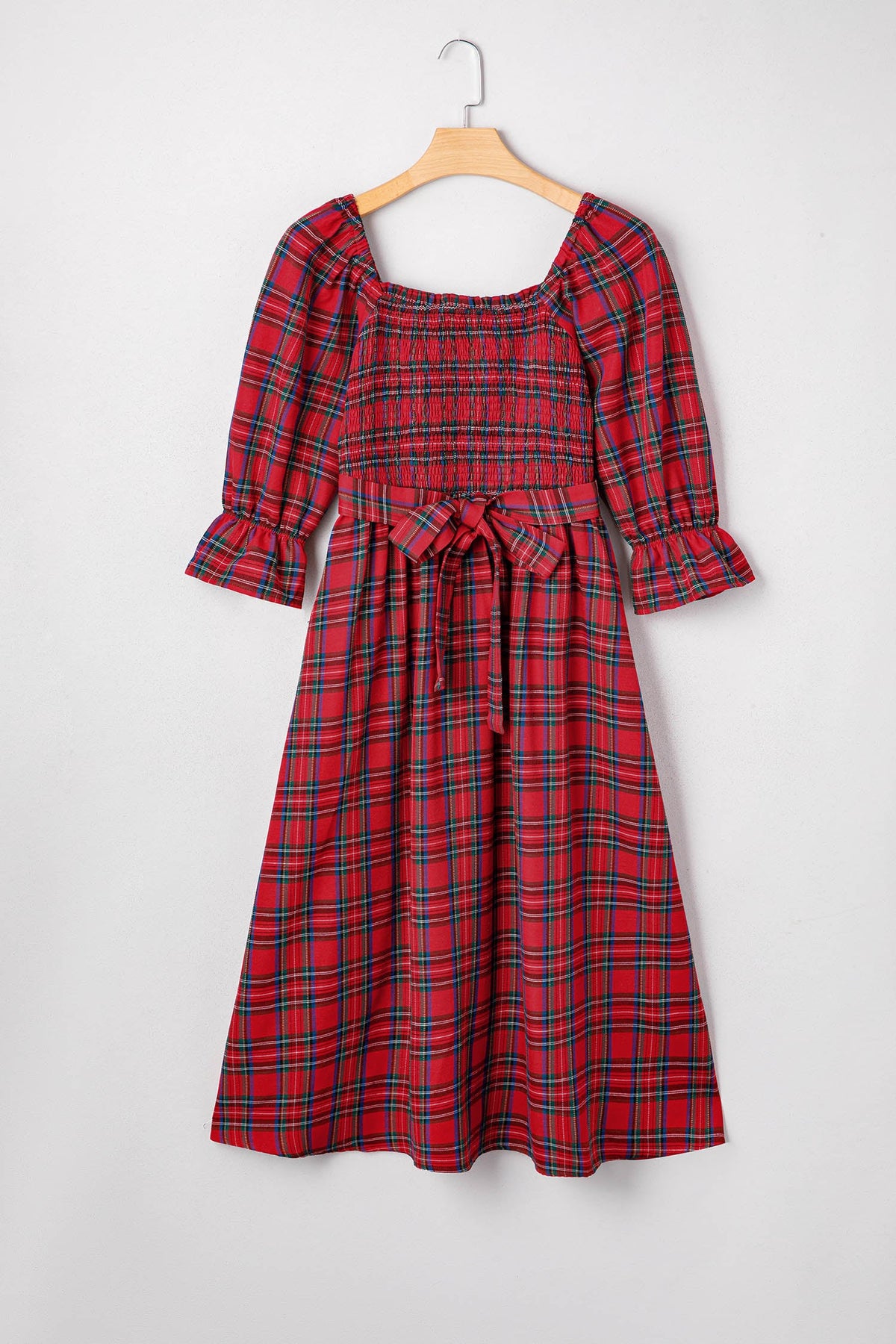 Plaid Square Neck Puff Sleeve Belted Midi Dress