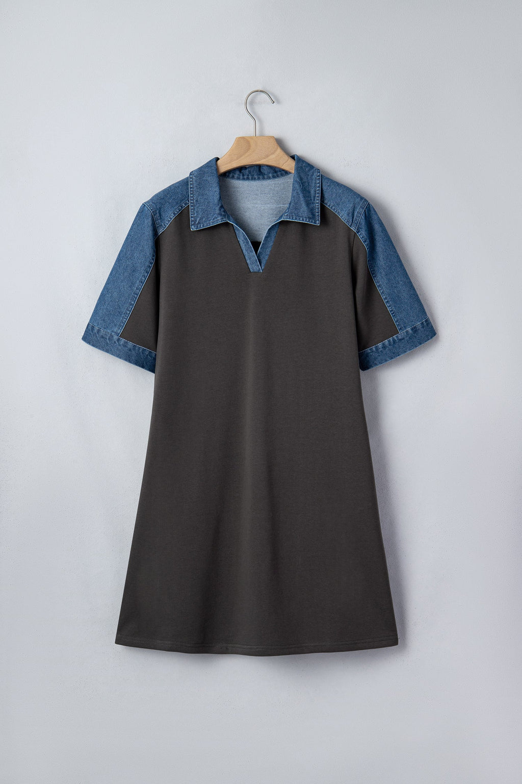 Carbon Grey Color Block Denim Patchwork Polo Collar T Shirt Shift Dress