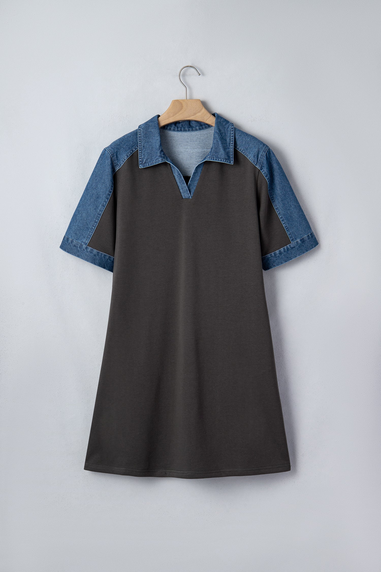 Carbon Grey Color Block Denim Patchwork Polo Collar T Shirt Shift Dress