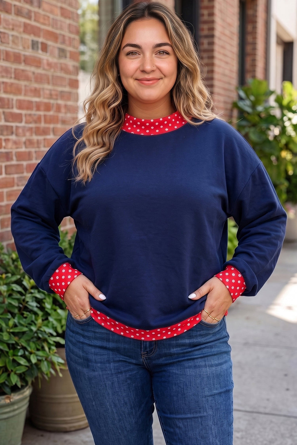 Orange Polka Dot Patchwork Round Neck Plus Size Sweatshirt