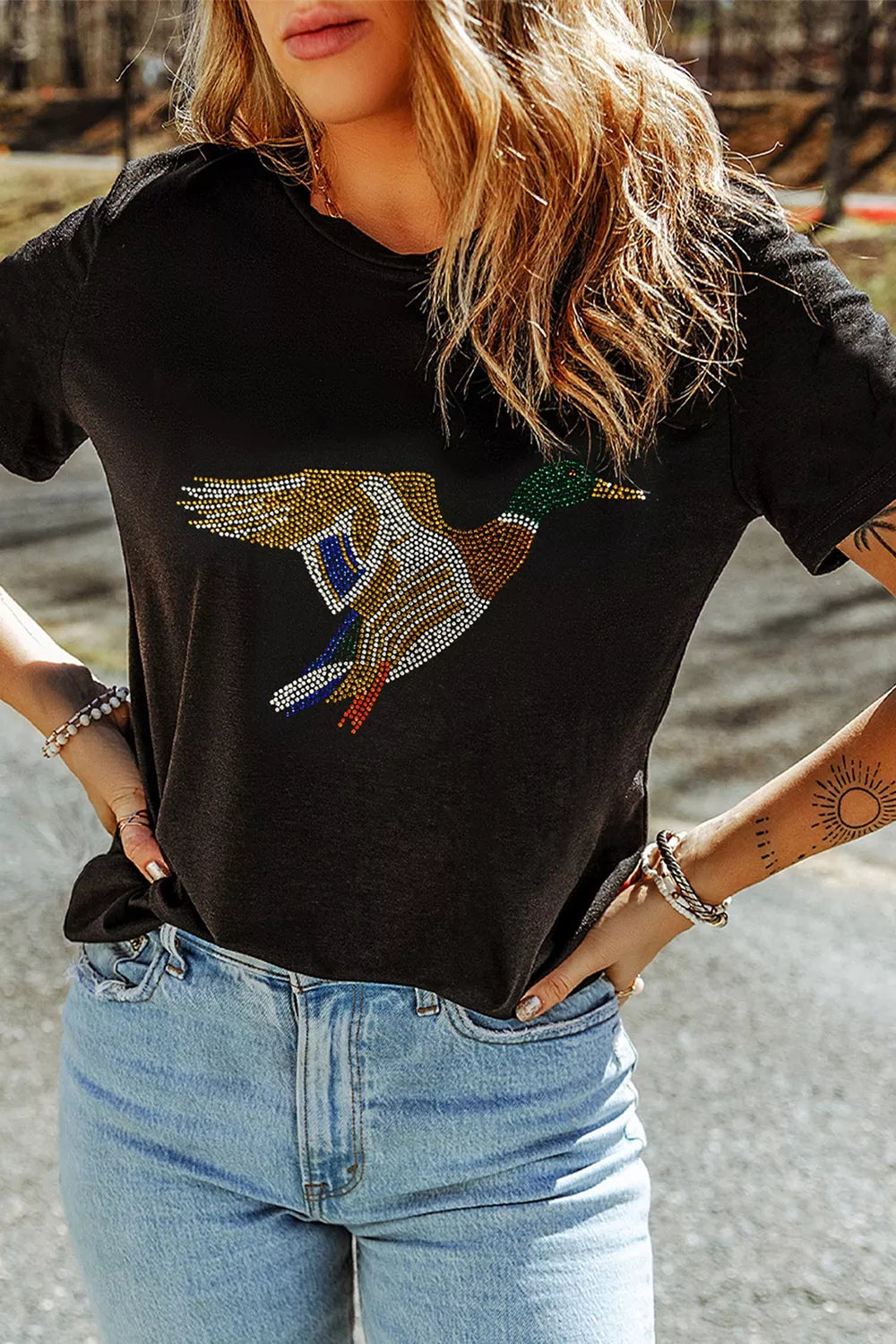 Full Size Rhinestone Flying Mallard Casual Round Neck T Shirt Plus Size