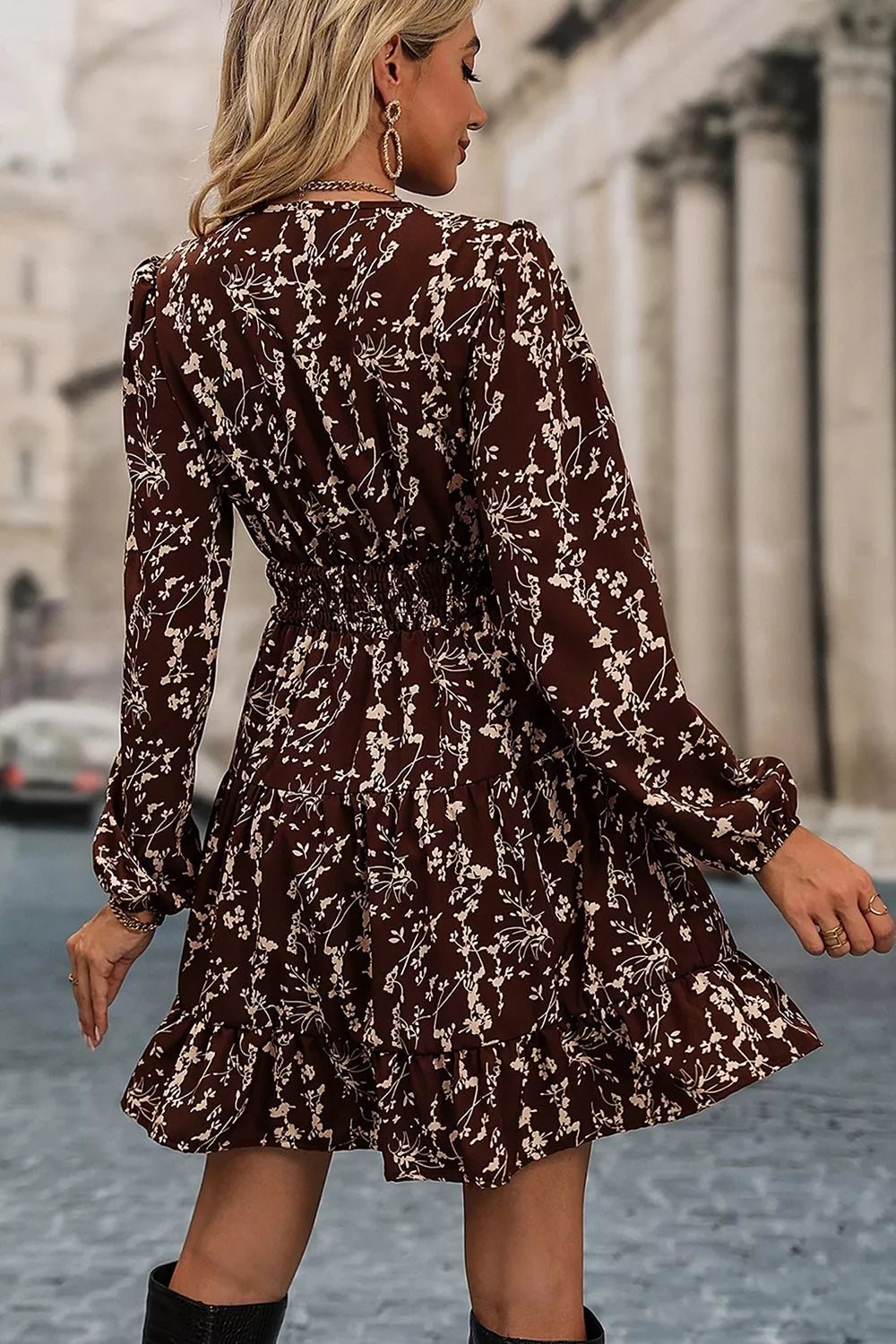 Ditsy Floral Print Split Neck Long Sleeve Shirred Waist Flared Mini Dress