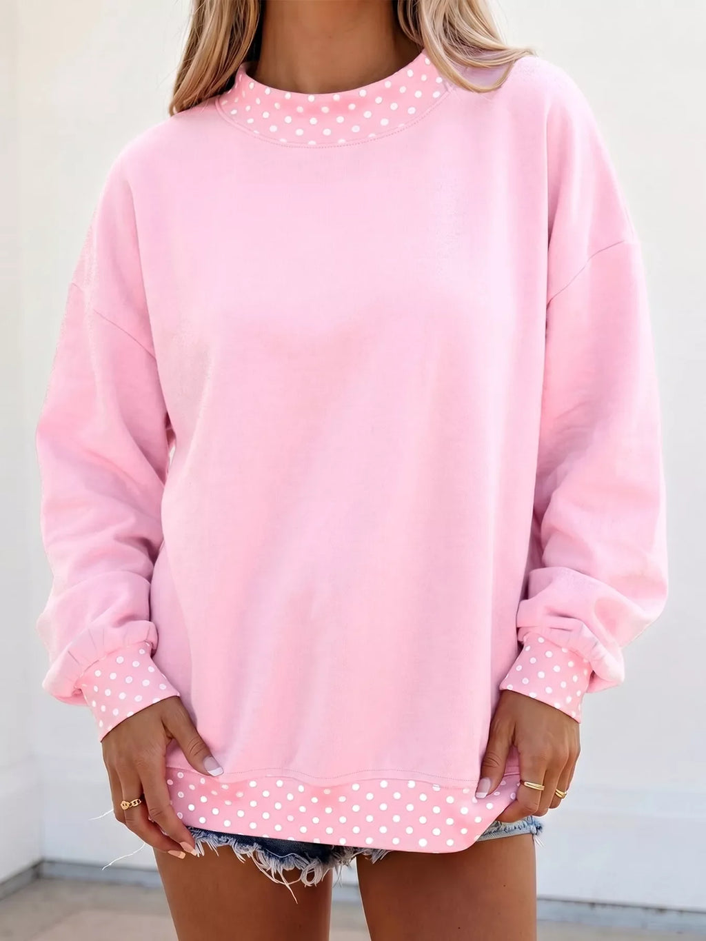 Polka Dot Trim Casual Sweatshirt