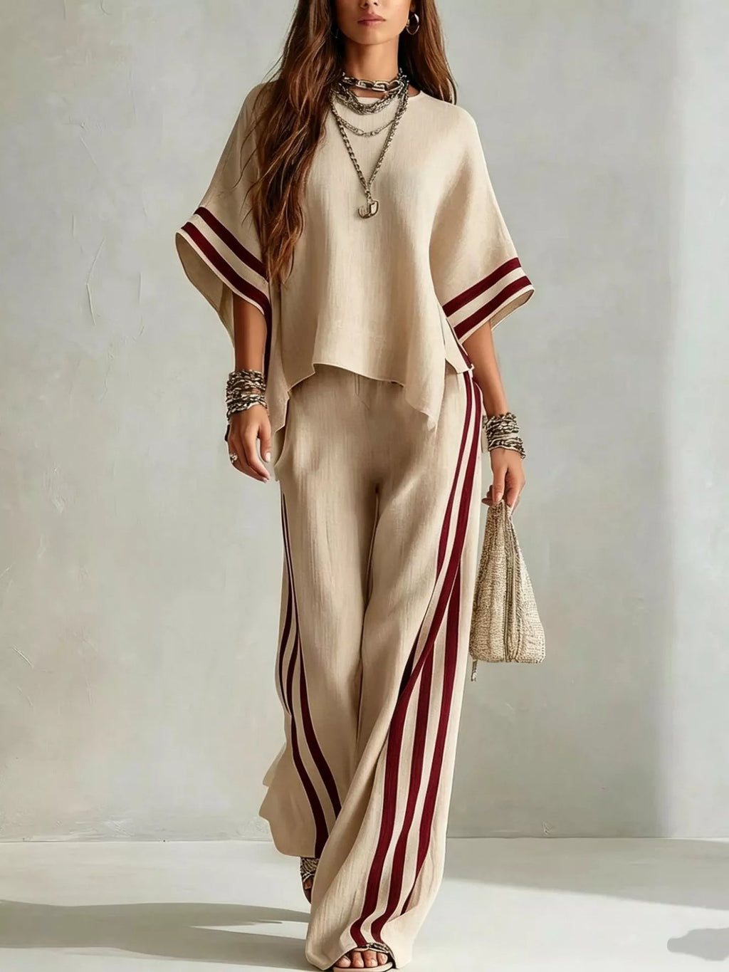 Full Size Striped 3/4 Sleeve Top and Pants Set Plus Size