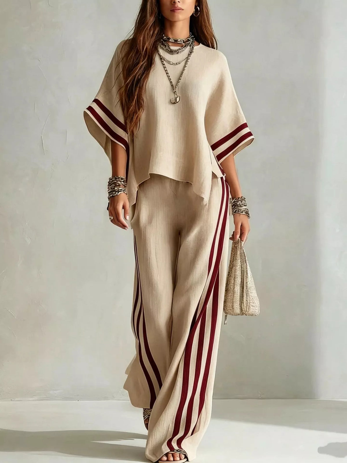 Full Size Striped 3/4 Sleeve Top and Pants Set Plus Size