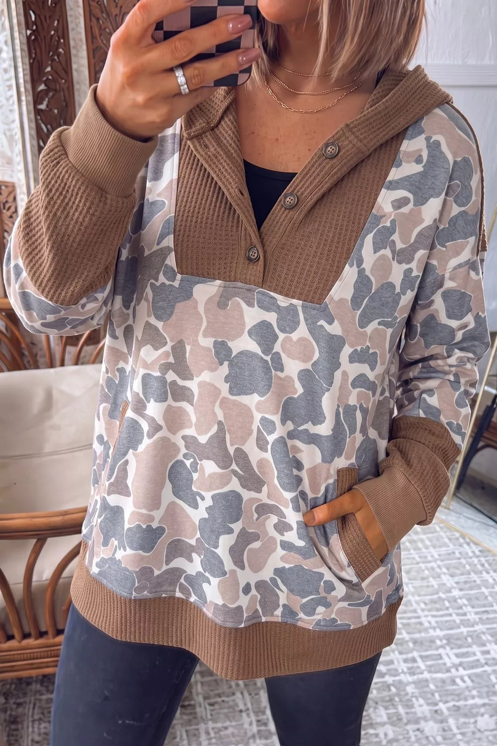 Camouflage Print Waffle Knit Patchwork Half Zip Hoodie
