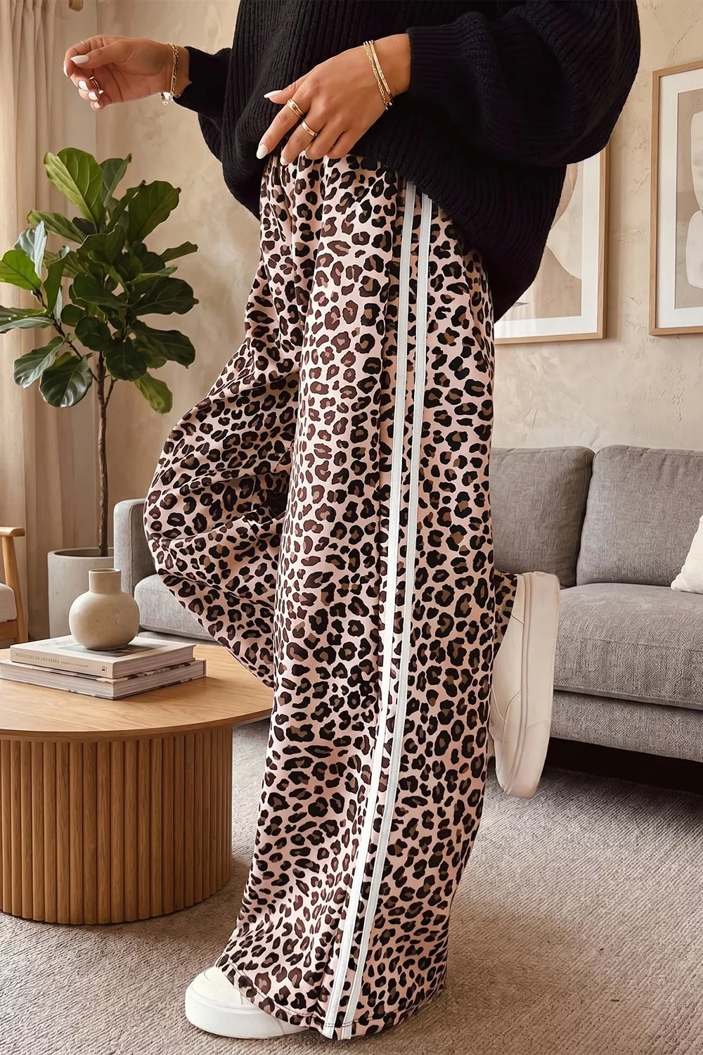 Leopard Print Side Striped Detail Casual Wide Leg Pants