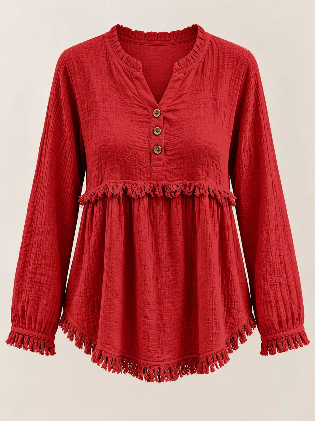 Full Size Frayed Hem Button Detail Blouse Plus Size