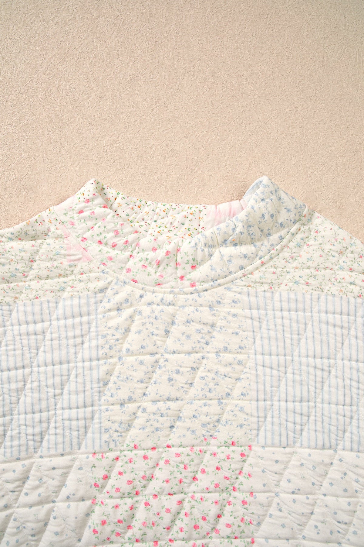 Floral Patchwork Quilted Mock Neck Long Sleeve Top