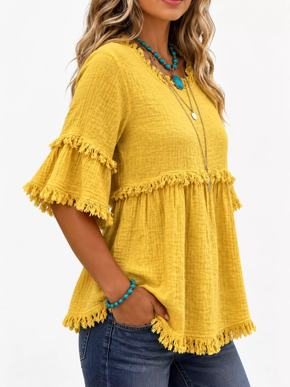 Full Size Frayed Edge Textured Blouse Plus Size