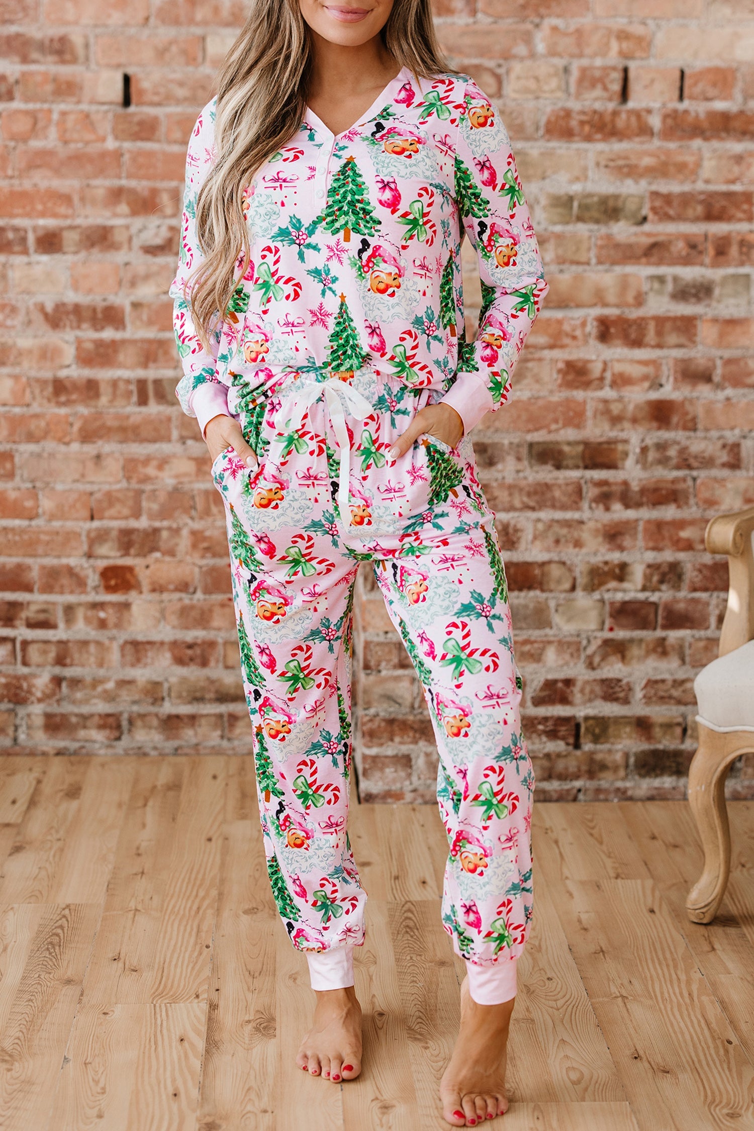 Pink Christmas Pattern Button V Neck Pullover Drawstring Pants 2pcs Lounge Set