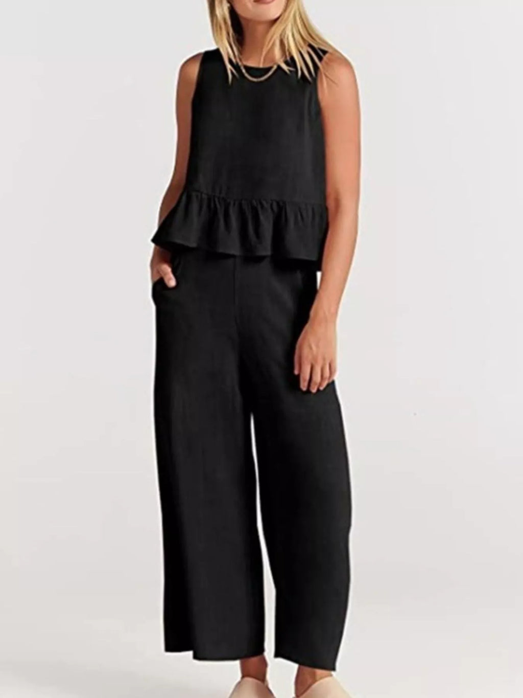 Full Size Ruffled Hem Sleeveless Top and Wide-Leg Pants Set Plus Size